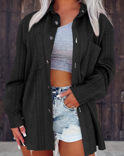 Autumn And Winter Simplicity Fashion Polo Collar Solid Color Buttons Knitting Patterns Coat For Women